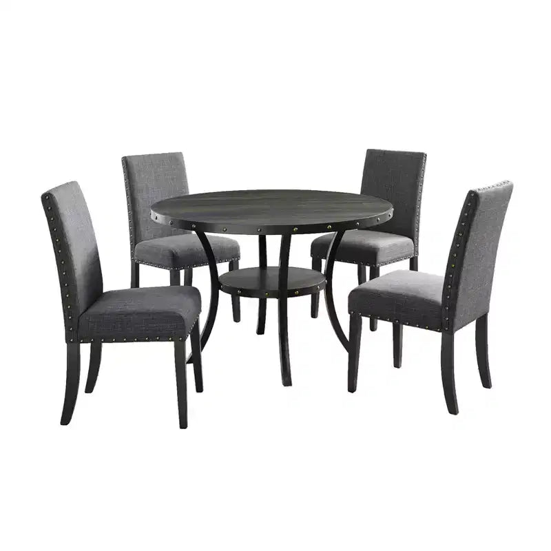Ensemble de salle à manger rond GDFStudio Rowan 5 pièces en bois et métal avec chaises en tissu clouté