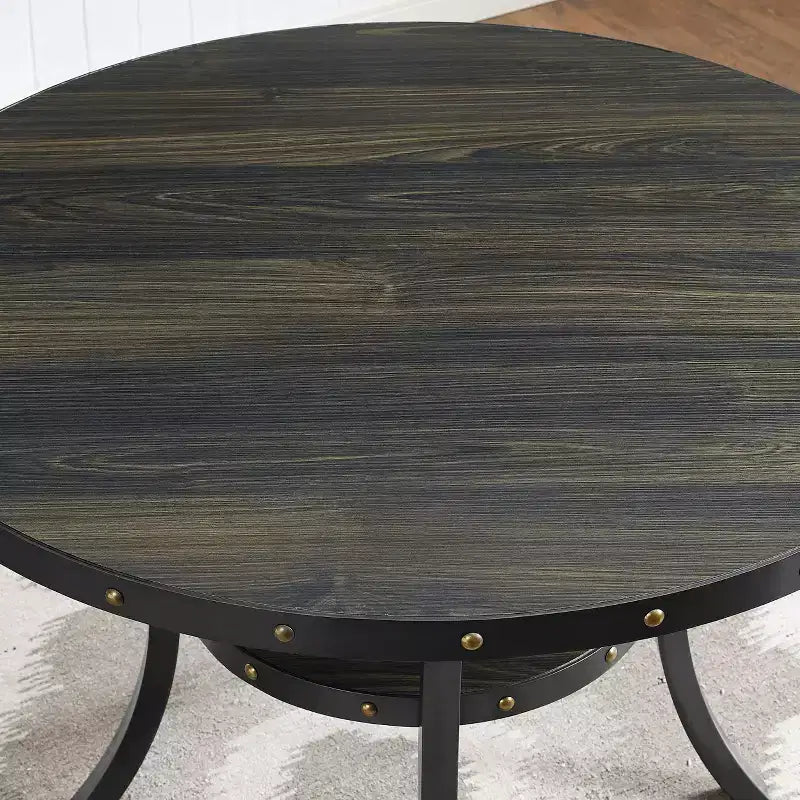 Ensemble de salle à manger rond GDFStudio Rowan 5 pièces en bois et métal avec chaises en tissu clouté