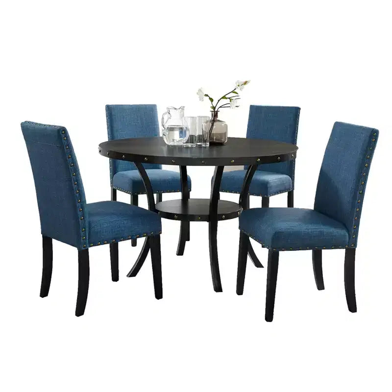 Ensemble de salle à manger rond GDFStudio Rowan 5 pièces en bois et métal avec chaises en tissu clouté