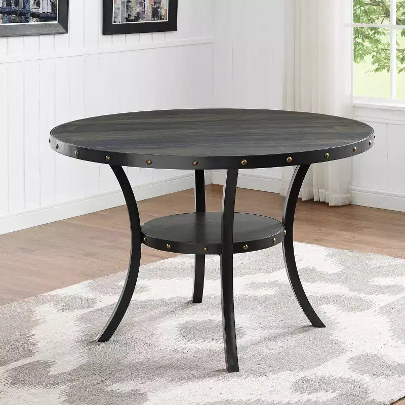 Ensemble de salle à manger rond GDFStudio Rowan 5 pièces en bois et métal avec chaises en tissu clouté