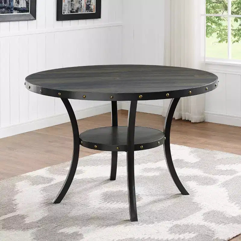 Ensemble de salle à manger rond GDFStudio Rowan 5 pièces en bois et métal avec chaises en tissu clouté