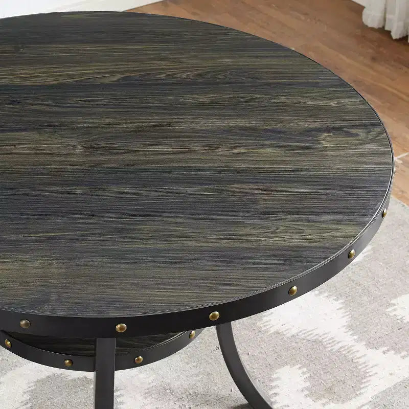 Ensemble de salle à manger rond GDFStudio Rowan 5 pièces en bois et métal avec chaises en tissu clouté