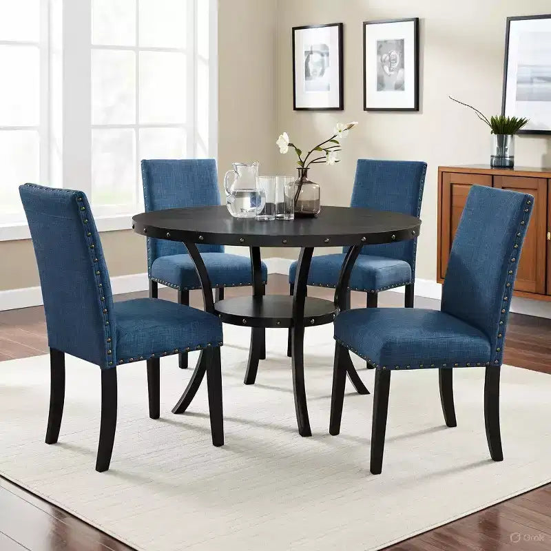 GDFStudio Rowan 5 Piece Wood and Metal Round Dining Set with Nailhead Fabric Chairs