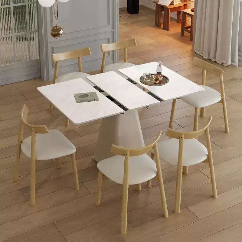 GDFStudio Xia 7 Piece Leather Upholstered Dining Expandable Table Set with 4 Chairs, Sintered Stone Tabletop and Steel Base