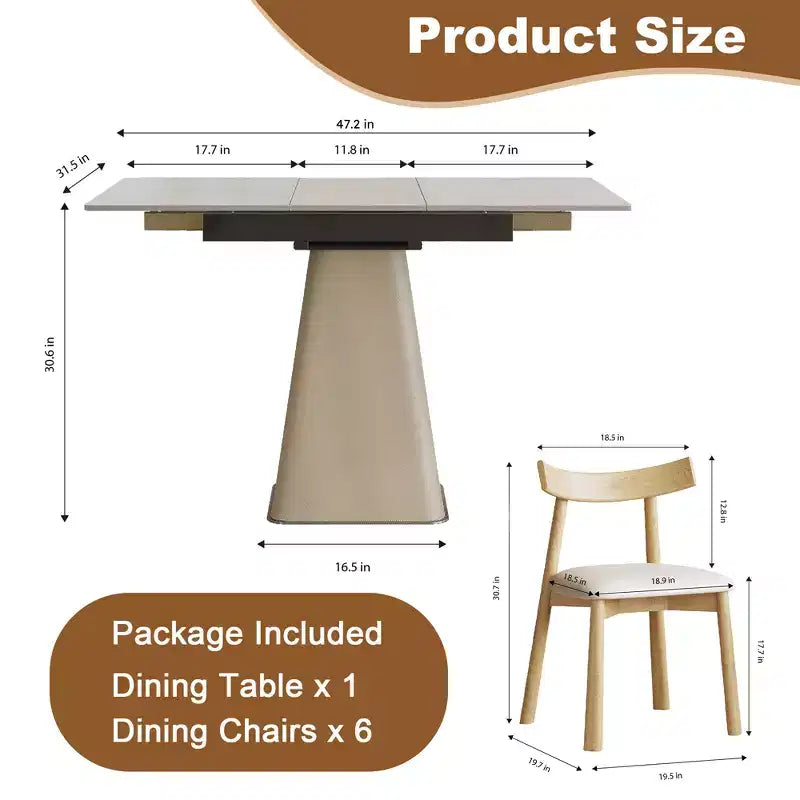 Ensemble de salle à manger extensible 7 pièces GDFStudio Xia avec 4 chaises en cuir, plateau en pierre frittée et piètement en acier