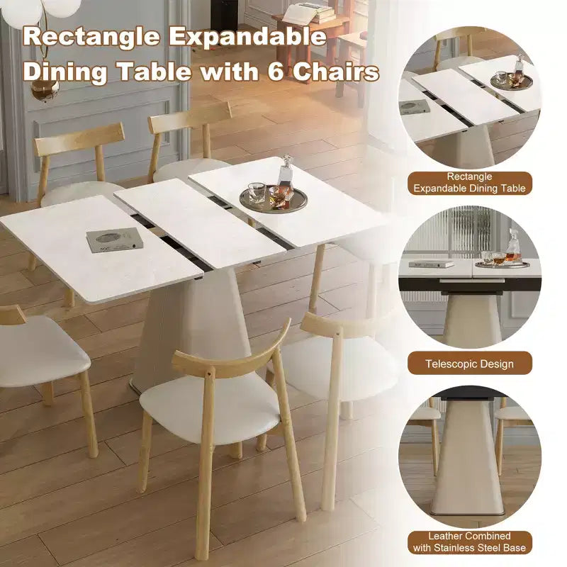 Ensemble de salle à manger extensible 7 pièces GDFStudio Xia avec 4 chaises en cuir, plateau en pierre frittée et piètement en acier