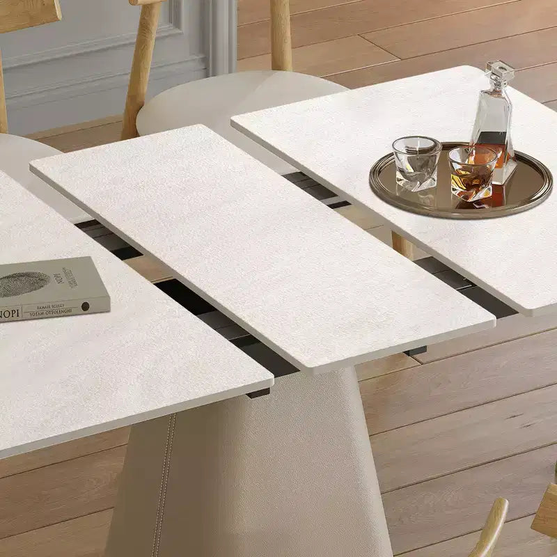 Ensemble de salle à manger extensible 7 pièces GDFStudio Xia avec 4 chaises en cuir, plateau en pierre frittée et piètement en acier