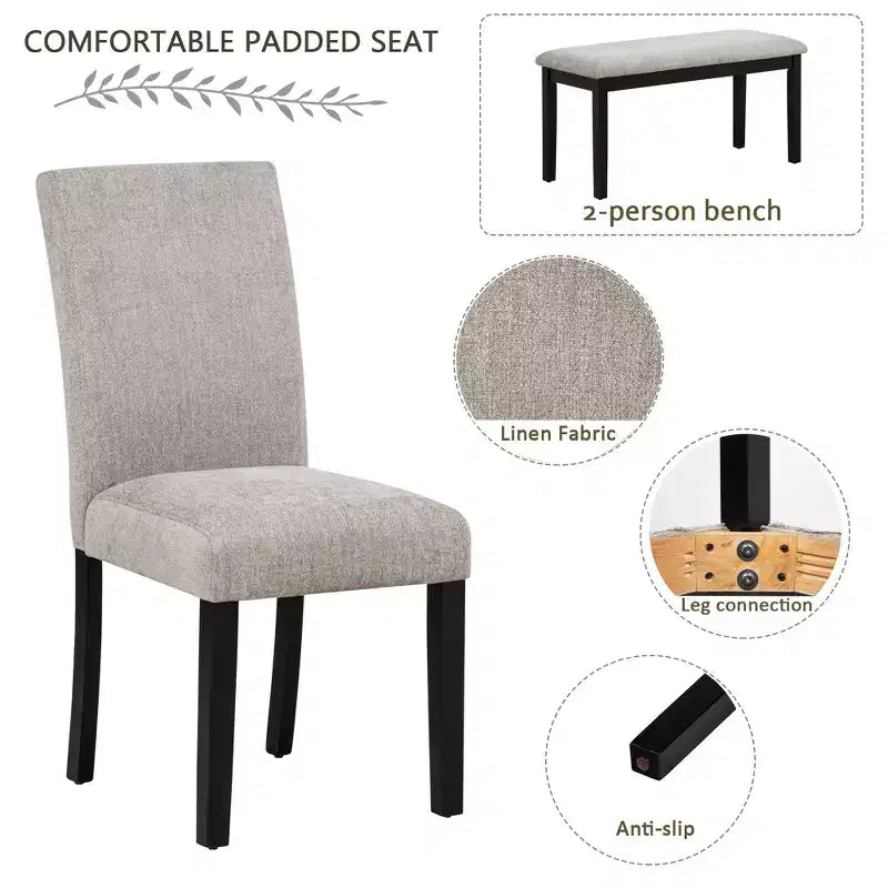 GDFStudio Fauna Ensemble de salle à manger moderne 5 pièces en bois d'hévéa avec chaises rembourrées