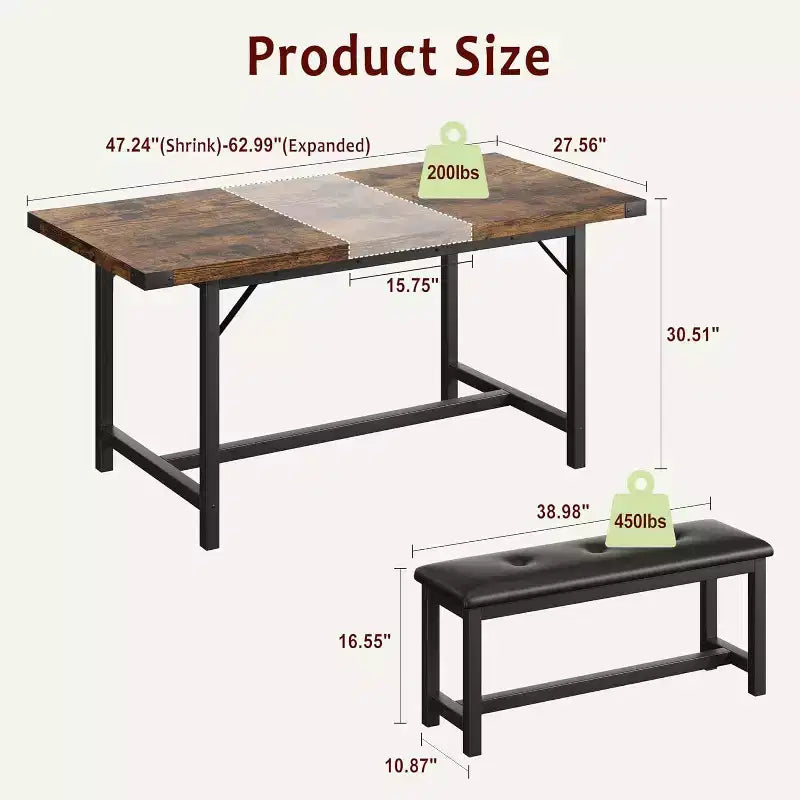 Ensemble de table à manger extensible pour 4 à 6 personnes, table de cuisine style ferme avec 2 bancs rembourrés, ensemble table à rabats et bancs pour salle à manger, cuisine.