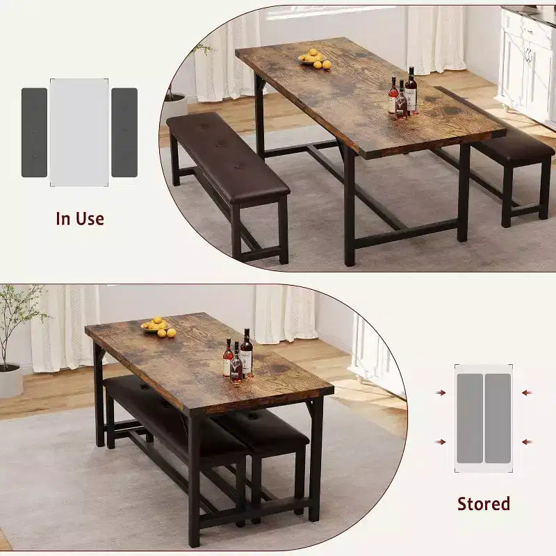 Ensemble de table à manger extensible pour 4 à 6 personnes, table de cuisine style ferme avec 2 bancs rembourrés, ensemble table à rabats et bancs pour salle à manger, cuisine.