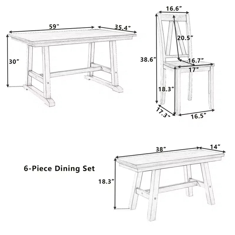 Ensemble de table à manger de ferme en bois pour 6 personnes, table rectangulaire de cuisine avec banc long et 4 chaises de salle à manger, gris