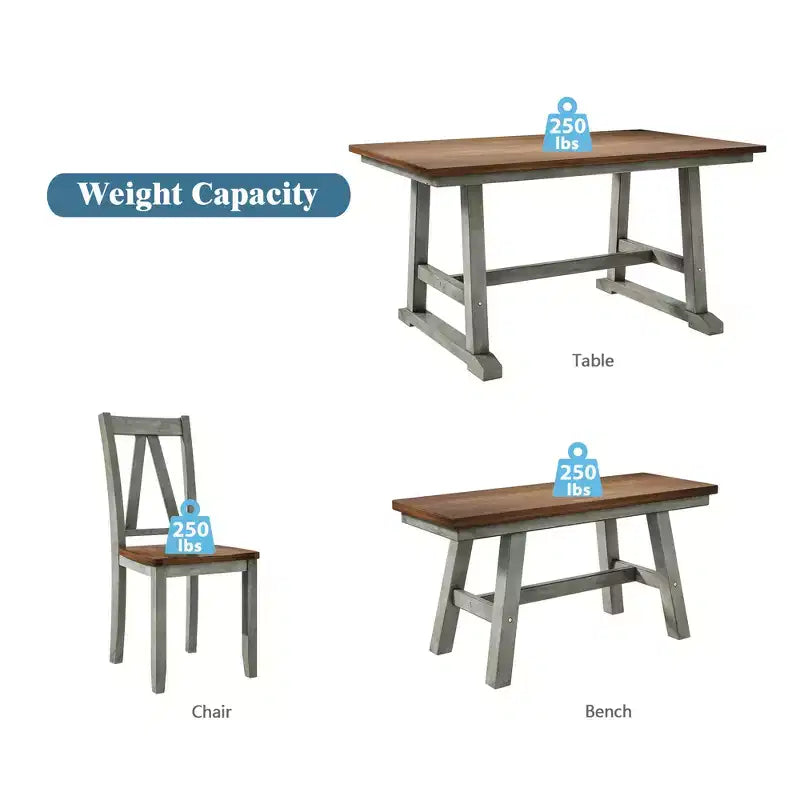 Ensemble de table à manger de ferme en bois pour 6 personnes, table rectangulaire de cuisine avec banc long et 4 chaises de salle à manger, gris