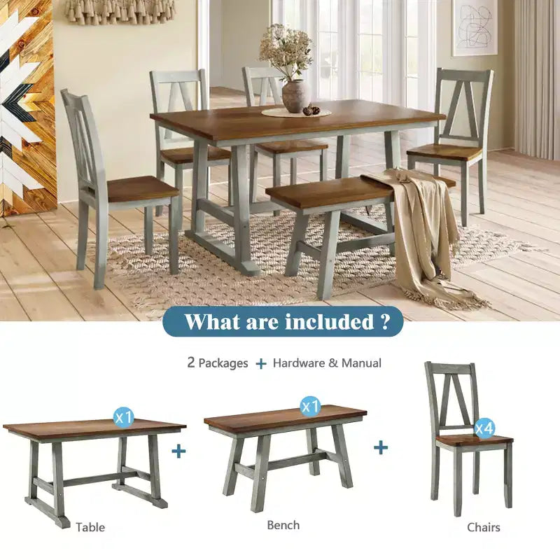 Ensemble de table à manger de ferme en bois pour 6 personnes, table rectangulaire de cuisine avec banc long et 4 chaises de salle à manger, gris