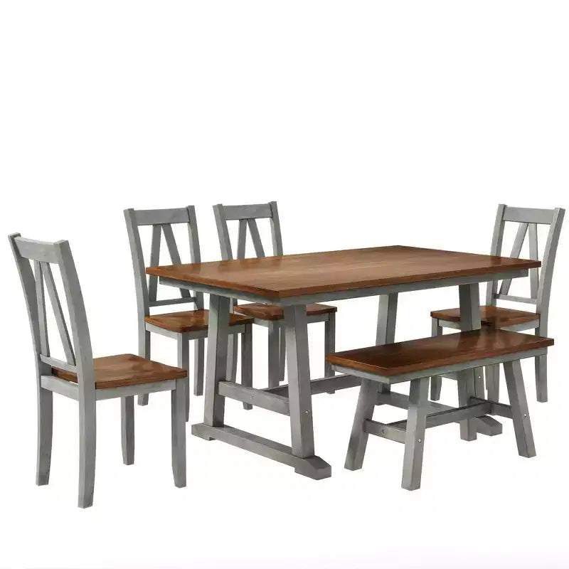 Ensemble de table à manger de ferme en bois pour 6 personnes, table rectangulaire de cuisine avec banc long et 4 chaises de salle à manger, gris