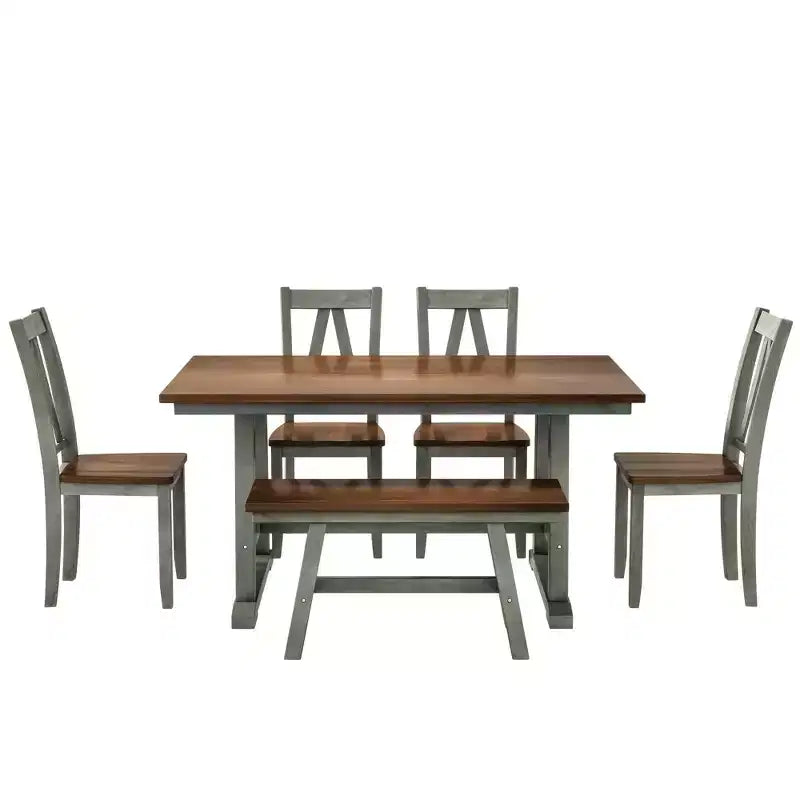 Ensemble de table à manger de ferme en bois pour 6 personnes, table rectangulaire de cuisine avec banc long et 4 chaises de salle à manger, gris