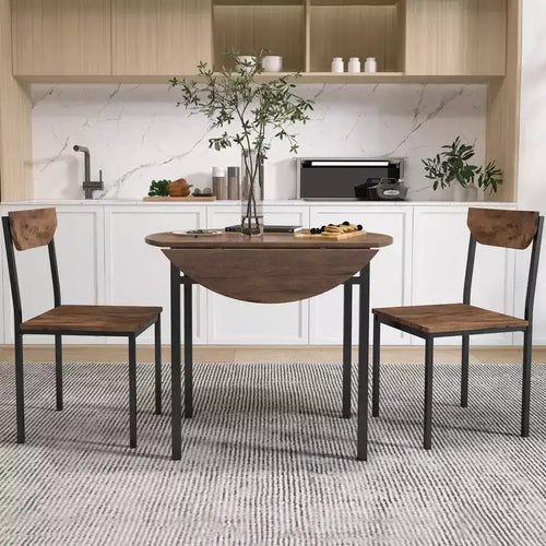 Ensemble de table à manger ronde 3 pièces avec rallonge à abattant, ensemble de cuisine style industriel avec 2 chaises pour petits espaces, brun rustique