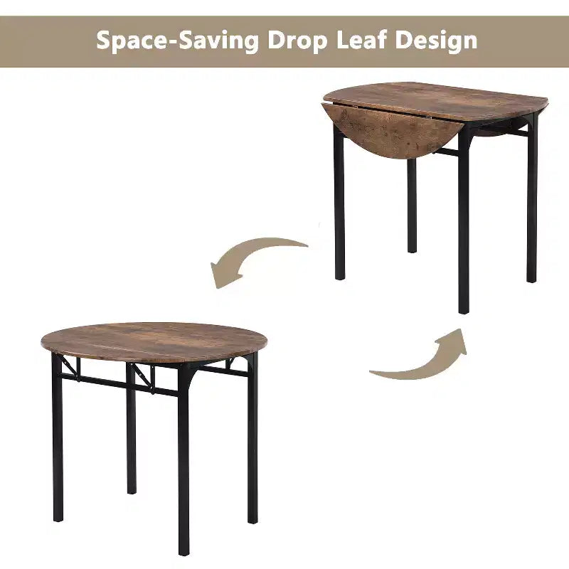 Ensemble de table à manger ronde 3 pièces avec rallonge à abattant, ensemble de cuisine style industriel avec 2 chaises pour petits espaces, brun rustique