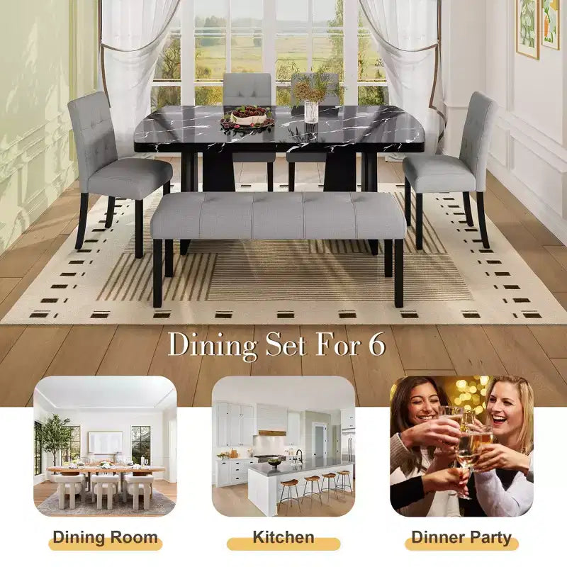 Ensemble de salle à manger moderne 6 pièces Griffin de GDFStudio avec table en faux marbre de 63 po, 4 chaises et 1 banc