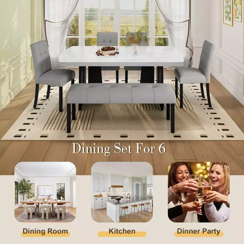 Ensemble de salle à manger moderne 6 pièces Griffin de GDFStudio avec table en faux marbre de 63 po, 4 chaises et 1 banc