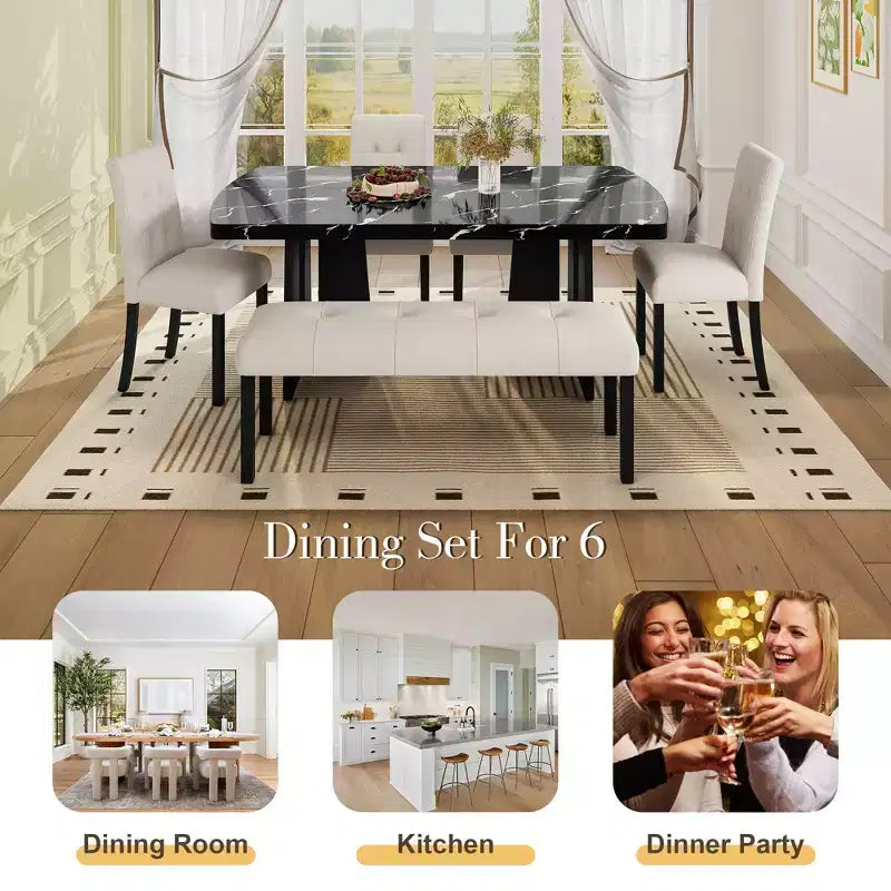 Ensemble de salle à manger moderne 6 pièces Griffin de GDFStudio avec table en faux marbre de 63 po, 4 chaises et 1 banc