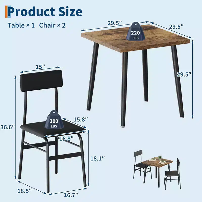 Ensemble table à manger et 2 chaises, table de cuisine rectangulaire et 2 chaises rembourrées, ensemble de salle à manger 3 pièces avec design biseauté, pour cuisine, appartement