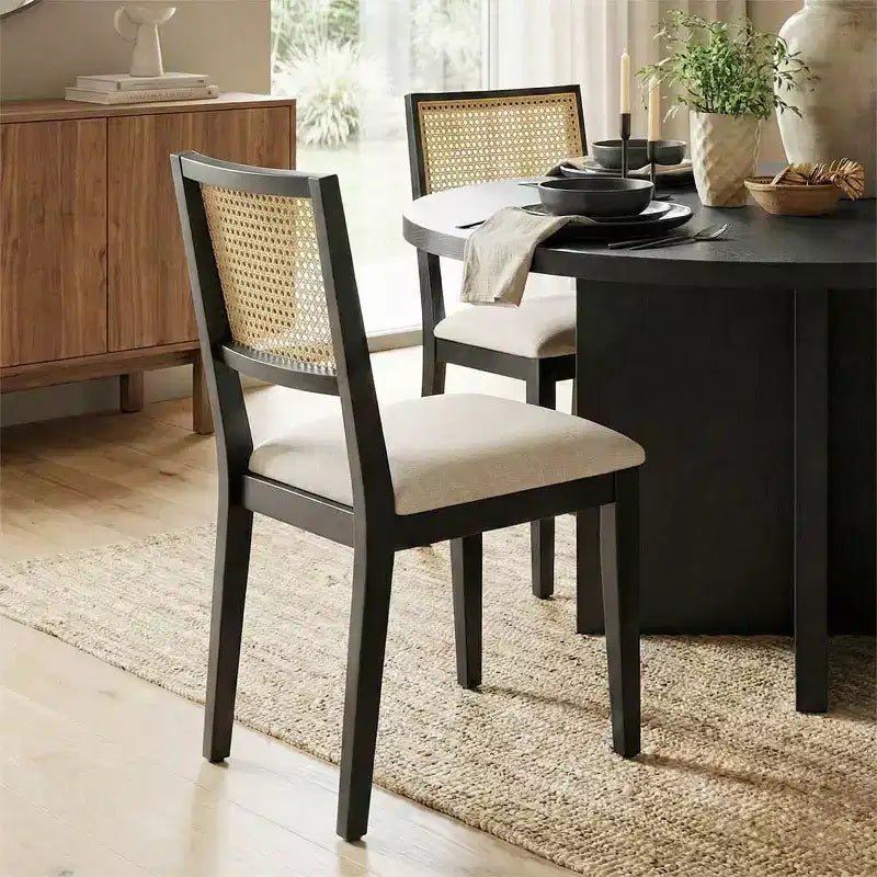 Ensemble de salle à manger rond 52 avec base sculpturale en forme de piédestal, chaises à dossier en cannage et sièges rembourrés de couleur neutre pour les maisons modernes-Panipeachy