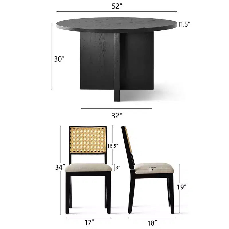 Ensemble de salle à manger rond 52 avec base sculpturale en forme de piédestal, chaises à dossier en cannage et sièges rembourrés de couleur neutre pour les maisons modernes-Panipeachy