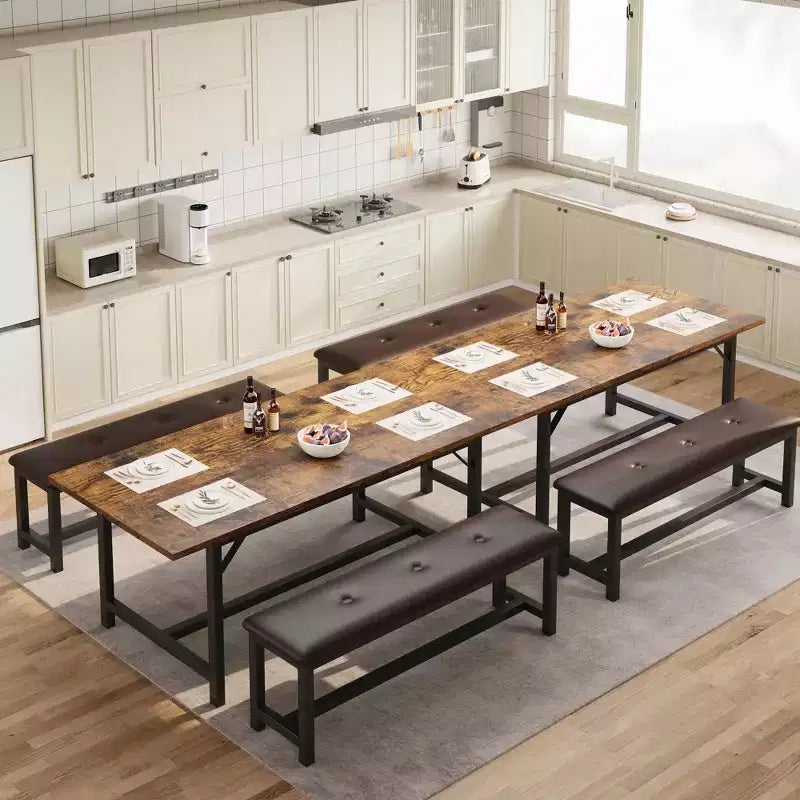 Ensemble de salle à manger 3 pièces pour 4 à 6 personnes, table de cuisine extensible de 160 cm et bancs pour 6 personnes, ensemble de table de cuisine rectangulaire avec structure métallique et 2 bancs rembourrés