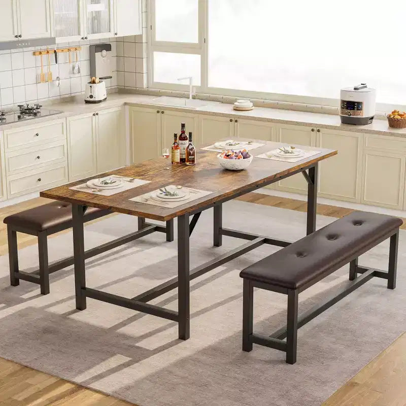 Ensemble de salle à manger 3 pièces pour 4 à 6 personnes, table de cuisine extensible de 160 cm et bancs pour 6 personnes, ensemble de table de cuisine rectangulaire avec structure métallique et 2 bancs rembourrés