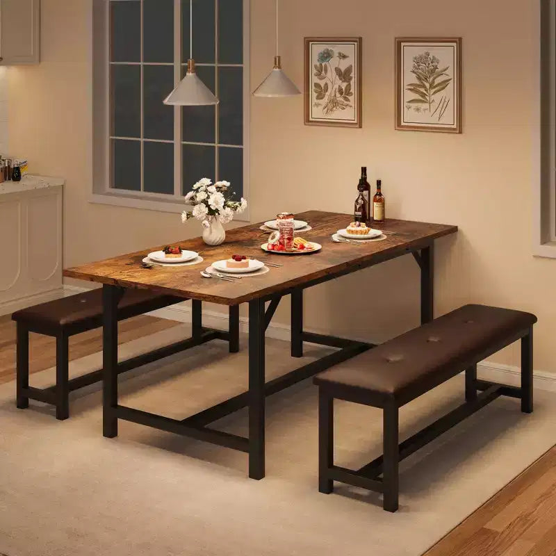 Ensemble de salle à manger 3 pièces pour 4 à 6 personnes, table de cuisine extensible de 160 cm et bancs pour 6 personnes, ensemble de table de cuisine rectangulaire avec structure métallique et 2 bancs rembourrés