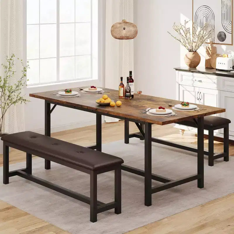 Ensemble de salle à manger 3 pièces pour 4 à 6 personnes, table de cuisine extensible de 160 cm et bancs pour 6 personnes, ensemble de table de cuisine rectangulaire avec structure métallique et 2 bancs rembourrés