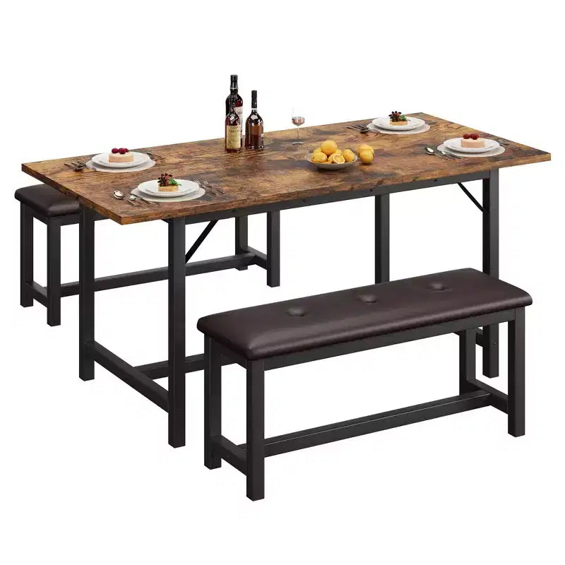 Ensemble de salle à manger 3 pièces pour 4 à 6 personnes, table de cuisine extensible de 160 cm et bancs pour 6 personnes, ensemble de table de cuisine rectangulaire avec structure métallique et 2 bancs rembourrés