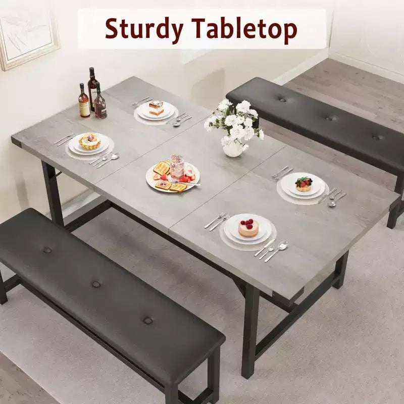 Ensemble de salle à manger 3 pièces pour 4 à 6 personnes, table de cuisine extensible de 160 cm et bancs pour 6 personnes, ensemble de table de cuisine rectangulaire avec structure métallique et 2 bancs rembourrés