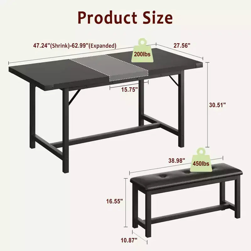 Ensemble de salle à manger 3 pièces pour 4 à 6 personnes, table de cuisine extensible de 160 cm et bancs pour 6 personnes, ensemble de table de cuisine rectangulaire avec structure métallique et 2 bancs rembourrés