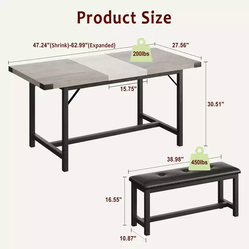Ensemble de salle à manger 3 pièces pour 4 à 6 personnes, table de cuisine extensible de 160 cm et bancs pour 6 personnes, ensemble de table de cuisine rectangulaire avec structure métallique et 2 bancs rembourrés
