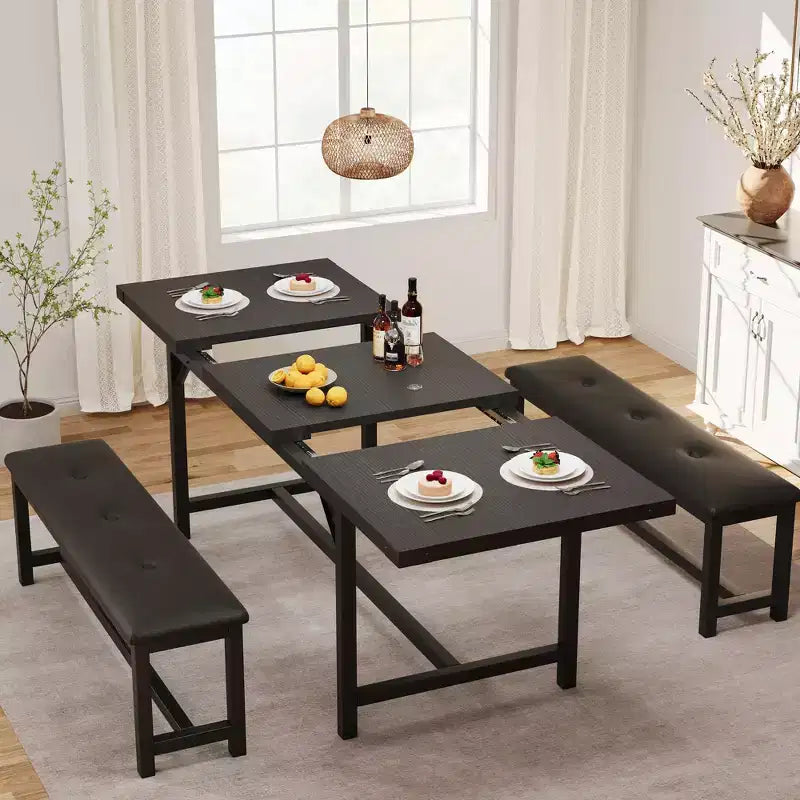 Ensemble de salle à manger 3 pièces pour 4 à 6 personnes, table de cuisine extensible de 160 cm et bancs pour 6 personnes, ensemble de table de cuisine rectangulaire avec structure métallique et 2 bancs rembourrés