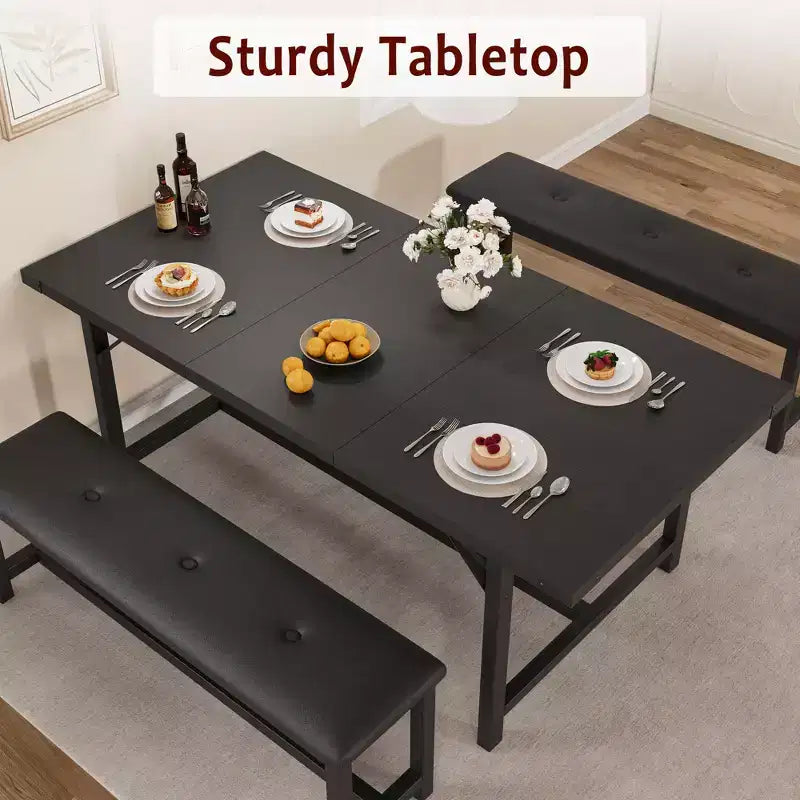 Ensemble de salle à manger 3 pièces pour 4 à 6 personnes, table de cuisine extensible de 160 cm et bancs pour 6 personnes, ensemble de table de cuisine rectangulaire avec structure métallique et 2 bancs rembourrés