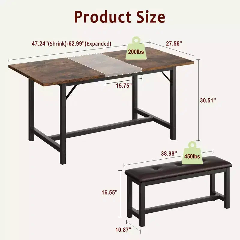 Ensemble de salle à manger 3 pièces pour 4 à 6 personnes, table de cuisine extensible de 160 cm et bancs pour 6 personnes, ensemble de table de cuisine rectangulaire avec structure métallique et 2 bancs rembourrés