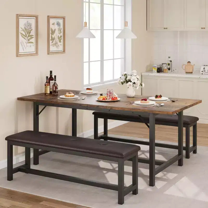 Ensemble de salle à manger 3 pièces pour 4 à 6 personnes, table de cuisine extensible de 160 cm et bancs pour 6 personnes, ensemble de table de cuisine rectangulaire avec structure métallique et 2 bancs rembourrés