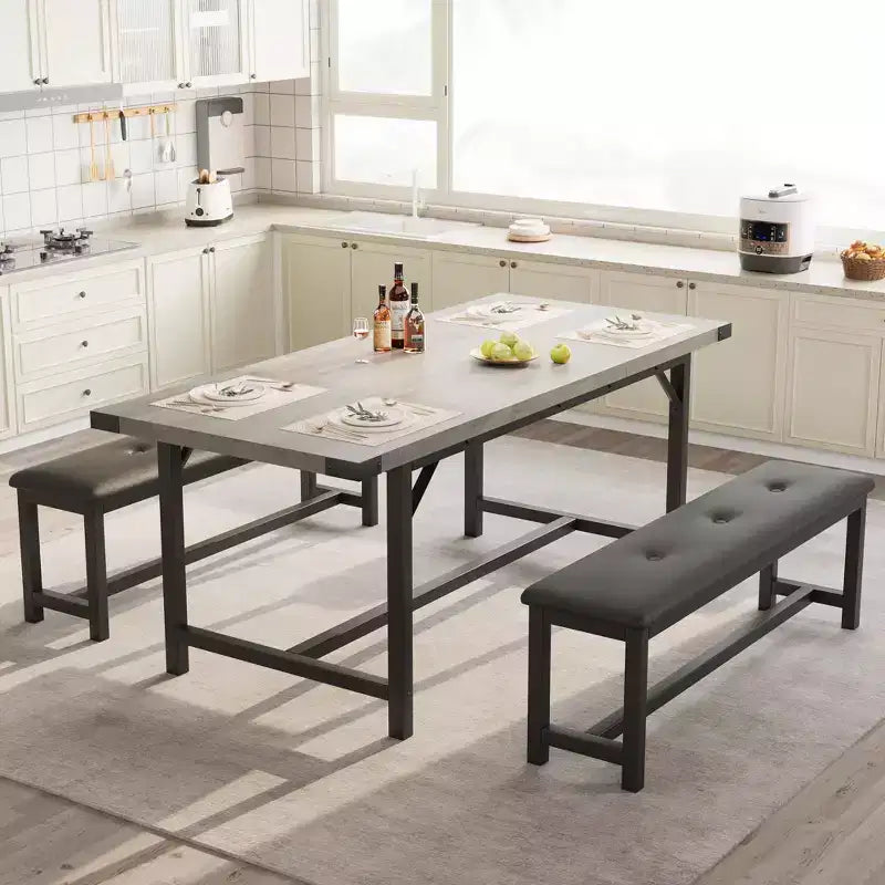 Ensemble de salle à manger 3 pièces pour 4 à 6 personnes, table de cuisine extensible de 160 cm et bancs pour 6 personnes, ensemble de table de cuisine rectangulaire avec structure métallique et 2 bancs rembourrés
