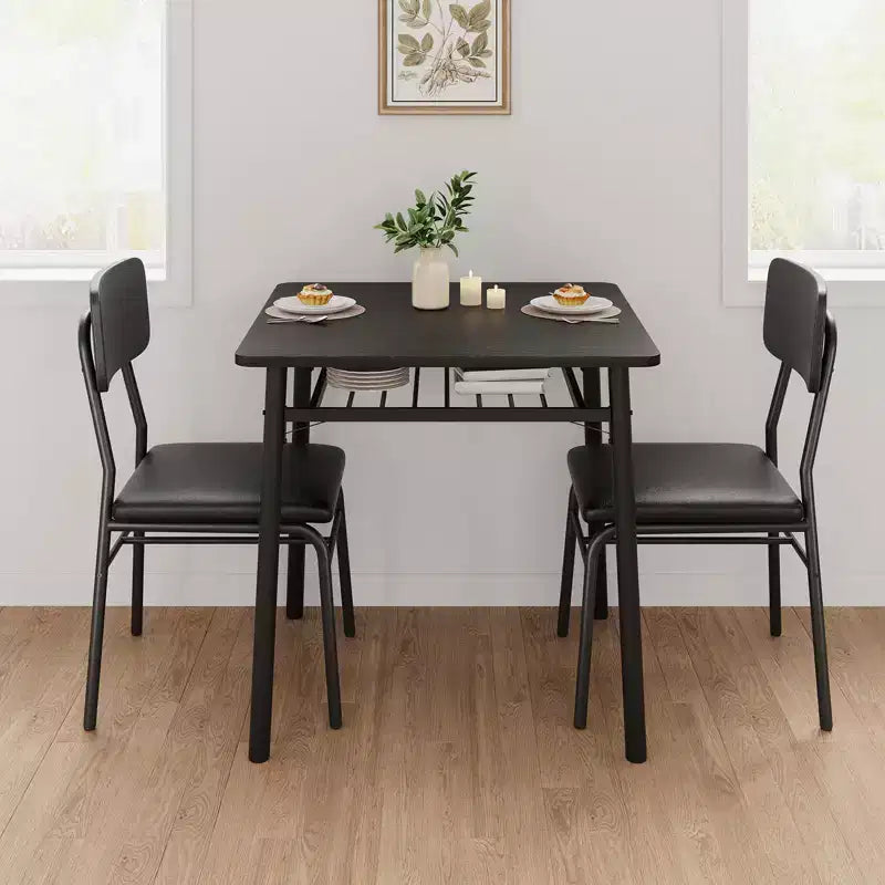 Ensemble de salle à manger 3 pièces pour 2 personnes – Petite table carrée avec étagère de rangement et cadre en métal, comprend 2 chaises rembourrées, Marron