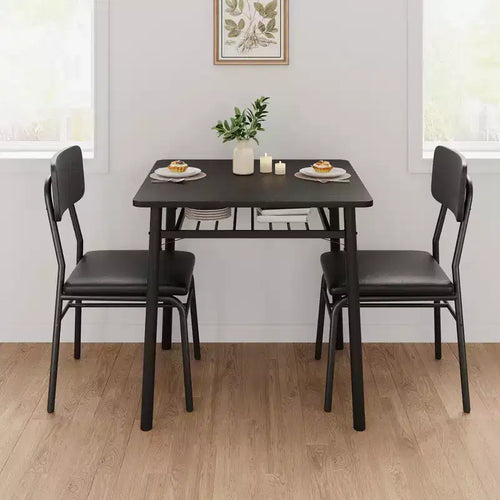 Ensemble de salle à manger 3 pièces pour 2 personnes – Petite table carrée avec étagère de rangement et cadre en métal, comprend 2 chaises rembourrées, Marron