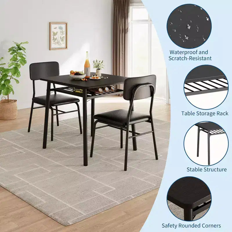 Ensemble de salle à manger 3 pièces pour 2 personnes – Petite table carrée avec étagère de rangement et cadre en métal, comprend 2 chaises rembourrées, Marron