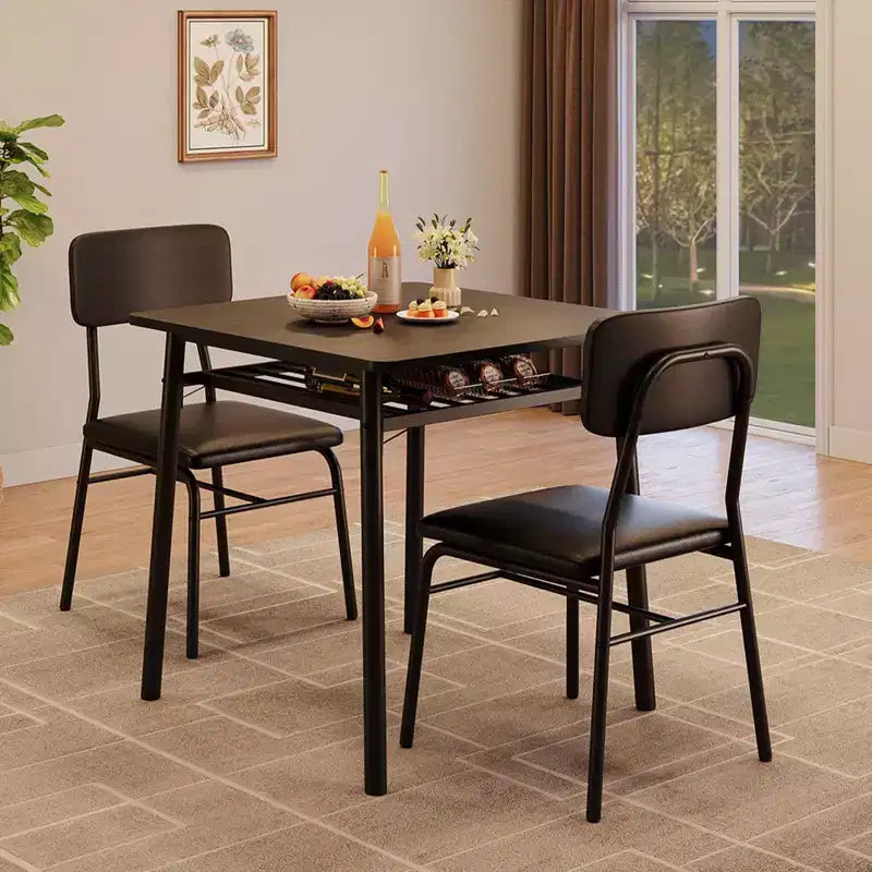 Ensemble de salle à manger 3 pièces pour 2 personnes – Petite table carrée avec étagère de rangement et cadre en métal, comprend 2 chaises rembourrées, Marron