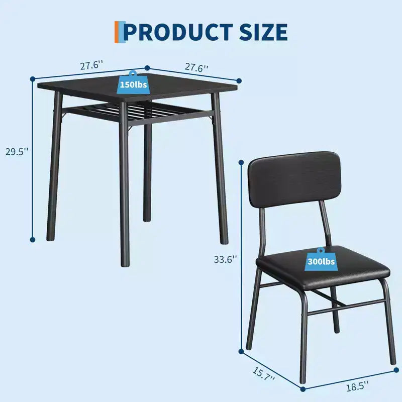 Ensemble de salle à manger 3 pièces pour 2 personnes – Petite table carrée avec étagère de rangement et cadre en métal, comprend 2 chaises rembourrées, Marron