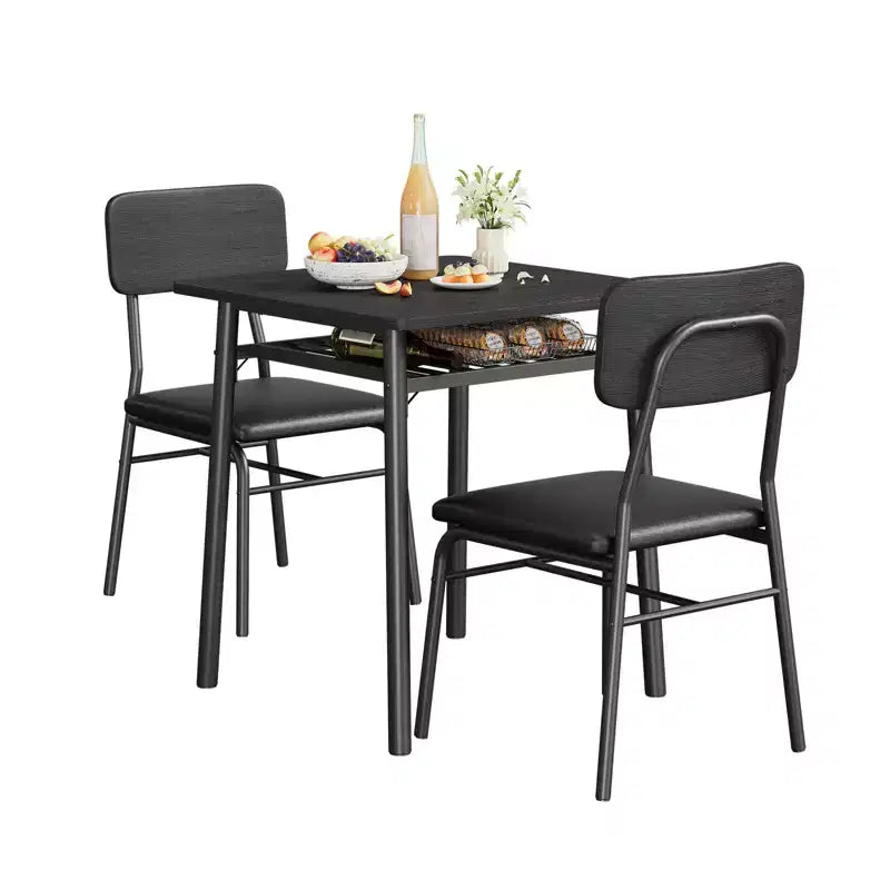 Ensemble de salle à manger 3 pièces pour 2 personnes – Petite table carrée avec étagère de rangement et cadre en métal, comprend 2 chaises rembourrées, Marron