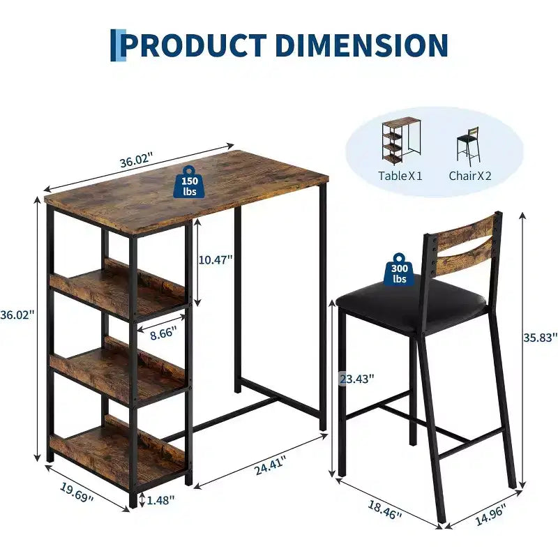 Ensemble de table à manger à hauteur de comptoir 36 po pour 2 avec chaises de bar rembourrées et étagères de rangement, table de cuisine peu encombrante pour petit espace, appartement