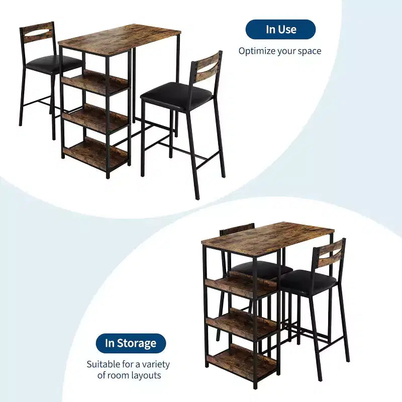 Ensemble de table à manger à hauteur de comptoir 36 po pour 2 avec chaises de bar rembourrées et étagères de rangement, table de cuisine peu encombrante pour petit espace, appartement