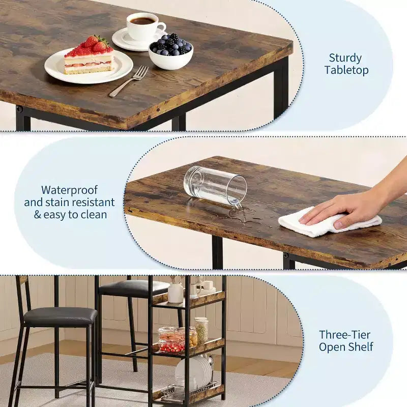 Ensemble de table à manger à hauteur de comptoir 36 po pour 2 avec chaises de bar rembourrées et étagères de rangement, table de cuisine peu encombrante pour petit espace, appartement