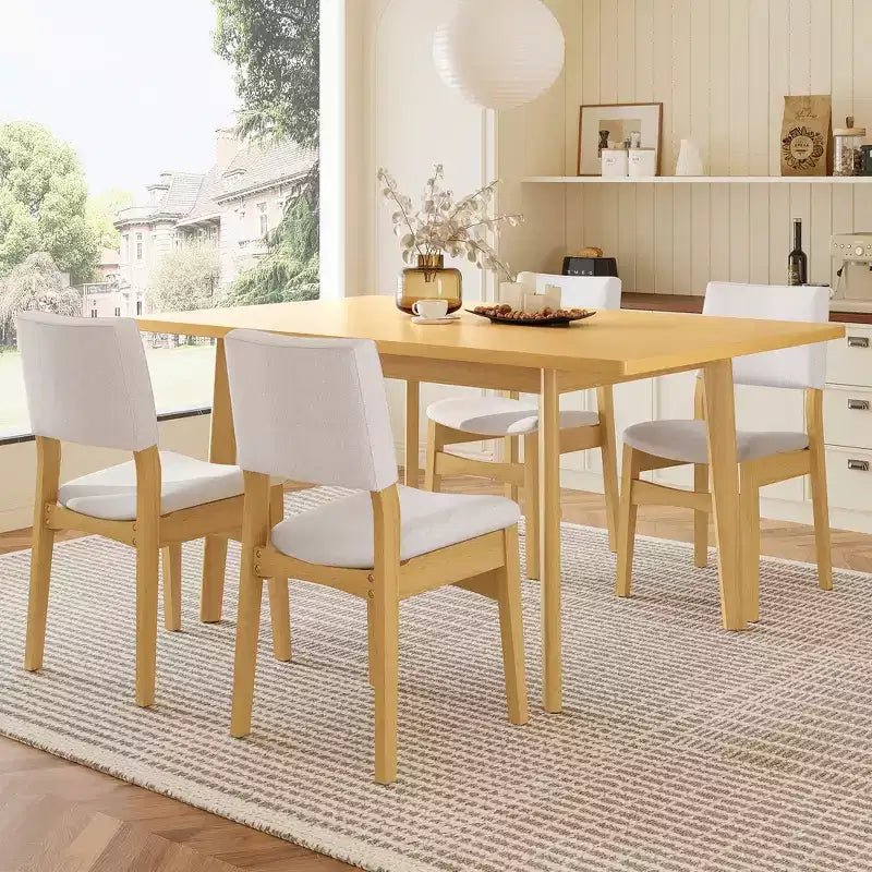 Ensemble de salle à manger moderne 5 pièces avec table en bois massif et 4 chaises en lin, pour cuisine ou salle à manger